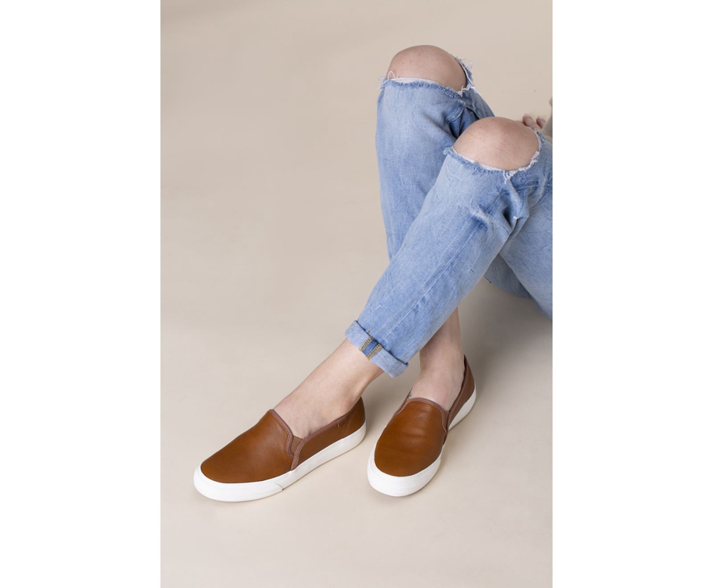 Keds Slip Ons Brown - Double Decker Leather - Womens QOXZJE-593